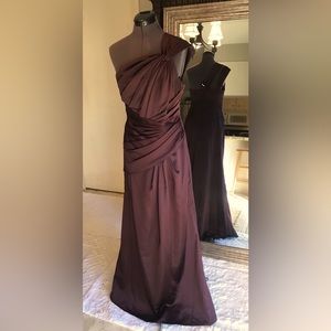 David’s Bridal One Shoulder Aubergine Evening Gown.